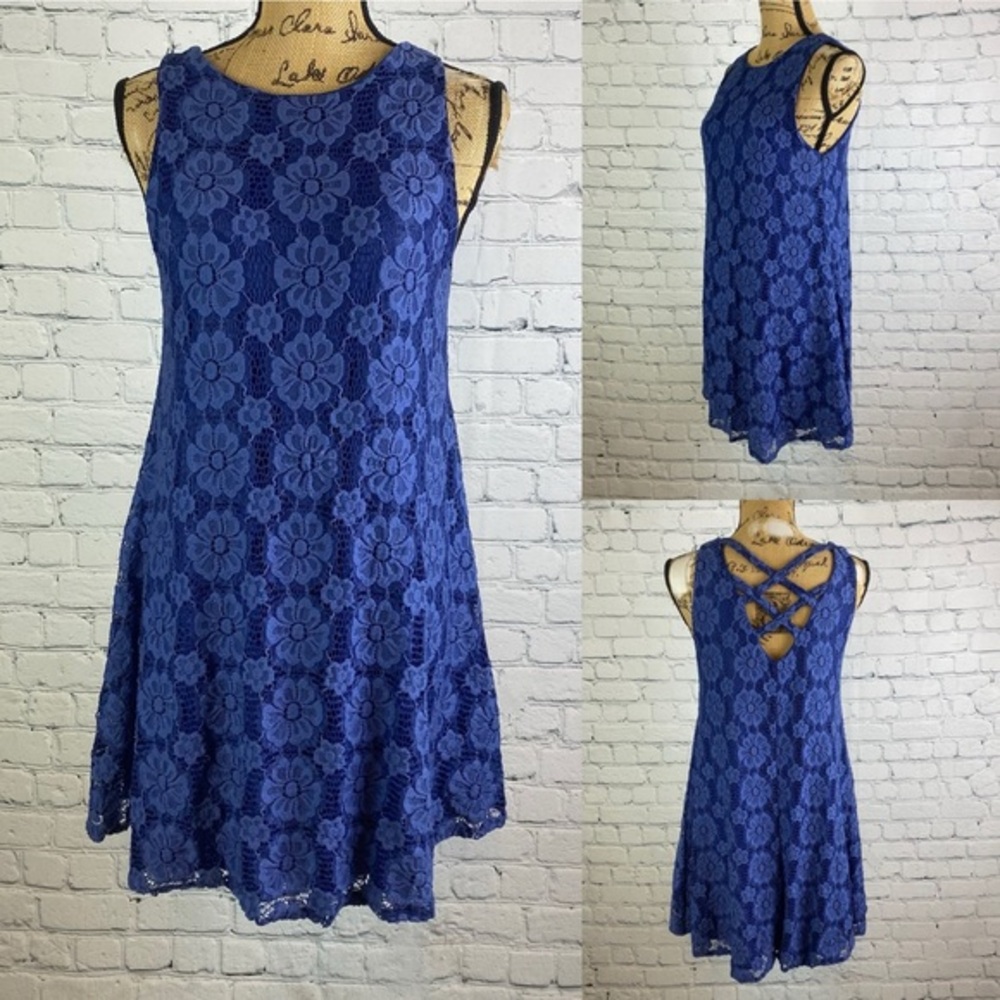 Altar’d State Blue Flower Lace Criss Cross Back Dress